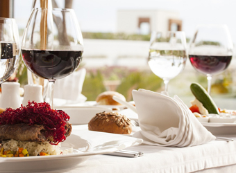 A table with food and wine on it